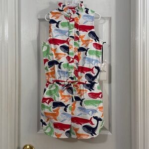 Classic Prep Jumpsuit Ruffled Collar Adjustable Waist Multicolored Whale Print